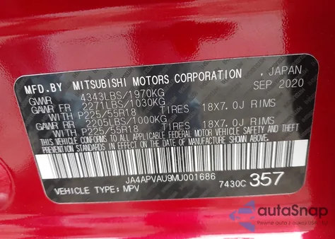 2021 Mitsubishi Outlander Sport 2.0 Se 2Wd z USA, uszkodzony, nr VIN JA4APVAU9MU001686